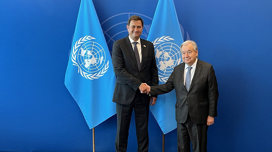 Maksim Ryzhenkov y António Guterres. Foto del Ministerio de Asuntos Exteriores